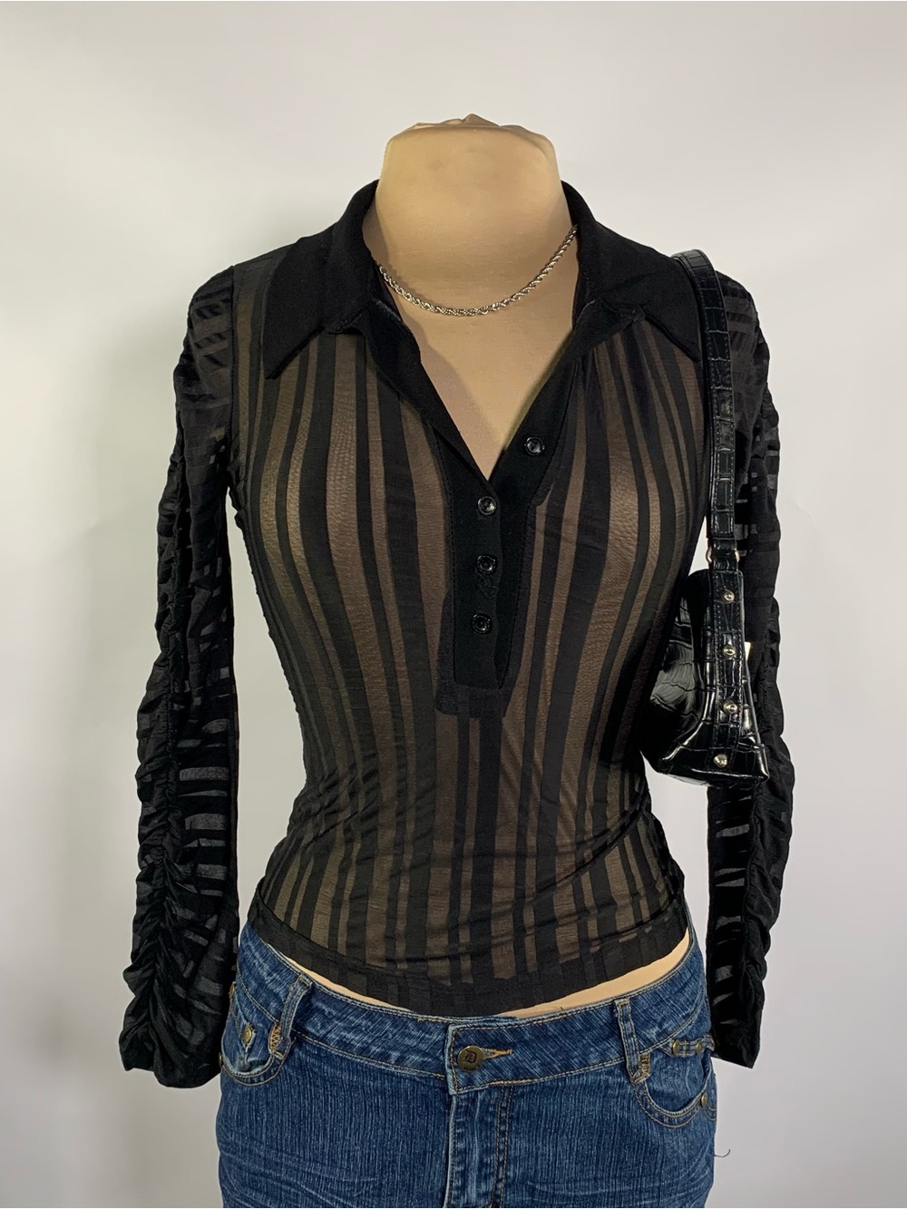 Y2K LVL X Sheer Striped Ruched Sleeve Collared Top